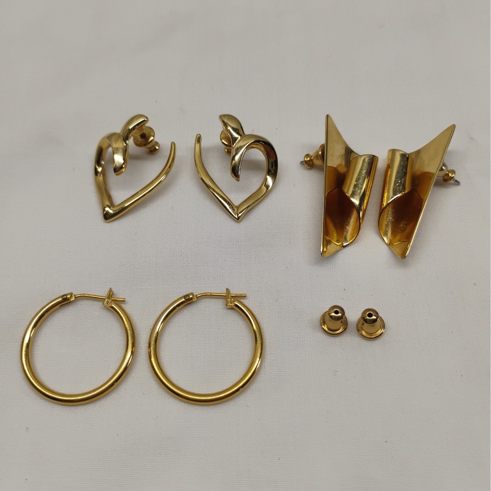 Vintage Monet 3pr Earring Lot Rolled Ribbon Hoops Open Hearts W/Extra Backs